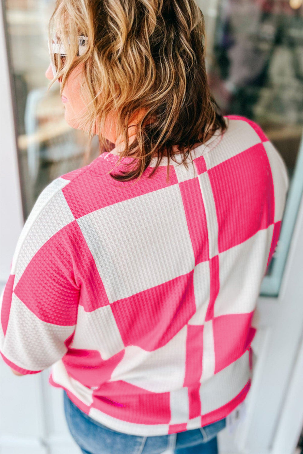 White Textured Checkerboard T Shirt in CURVY SIZE ONLY