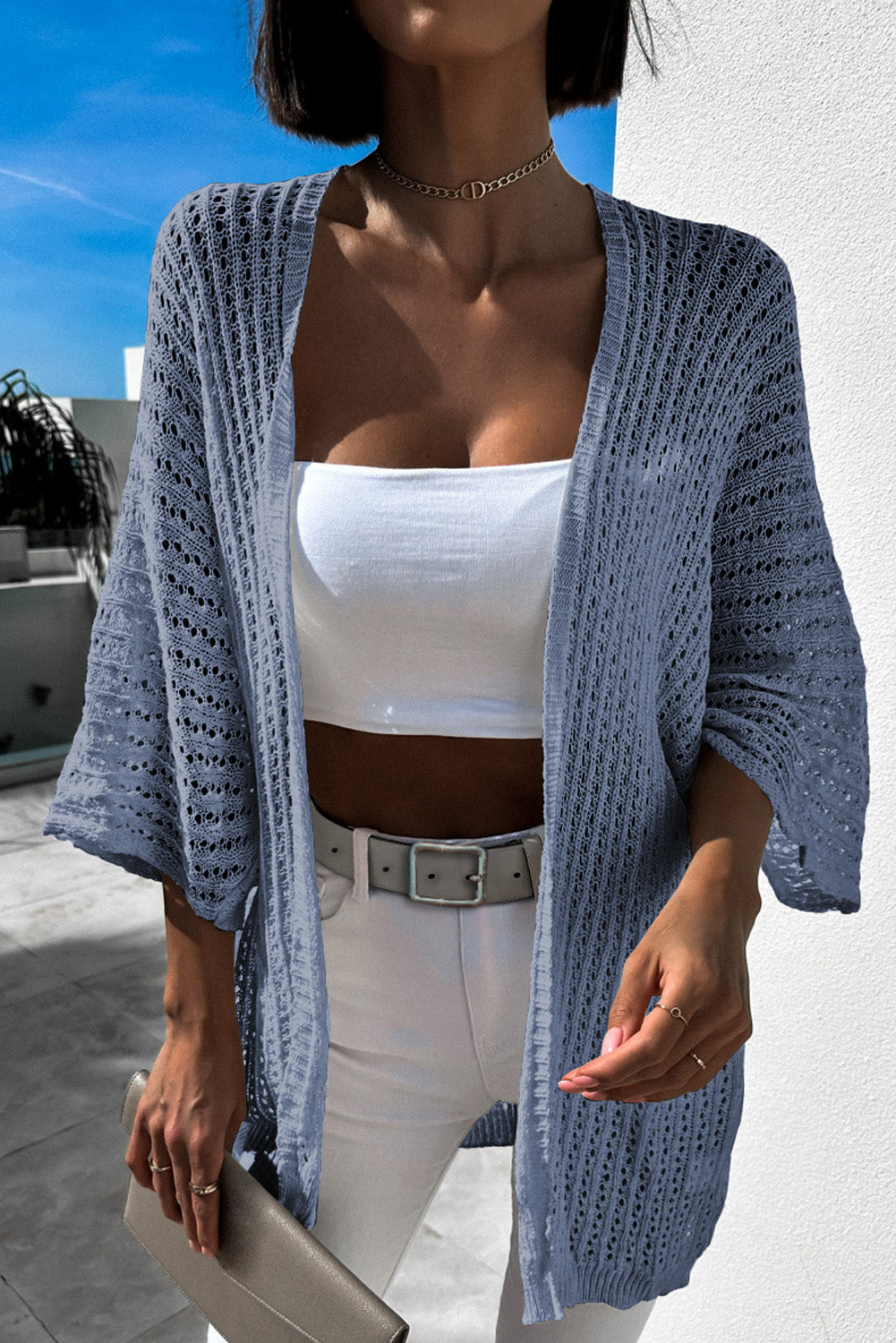 Hollow-out Knit Kimono Lightweight Cardigan in  Sky Blue