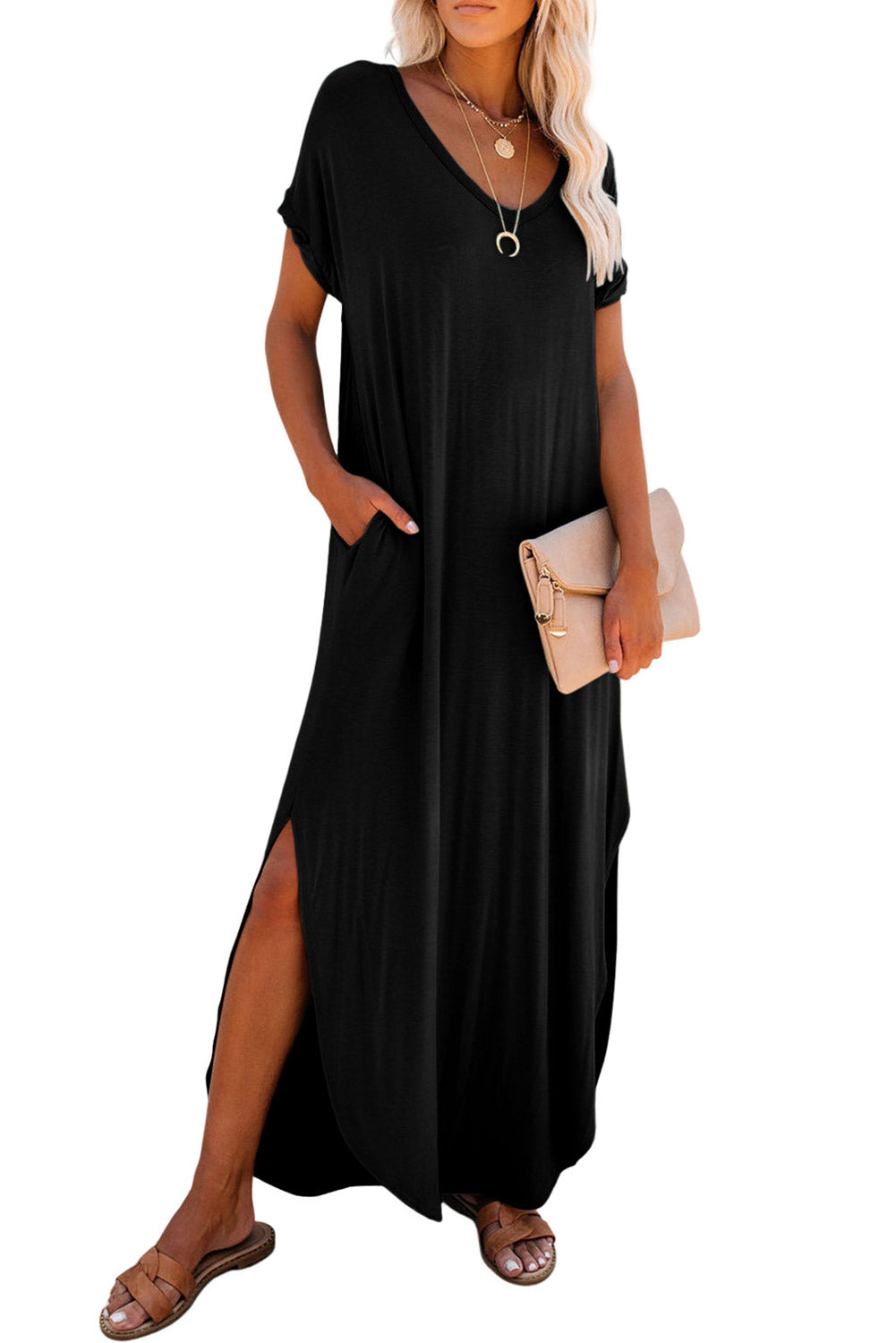 V Neck Hidden Pocket Splits Maxi T-shirt Dress