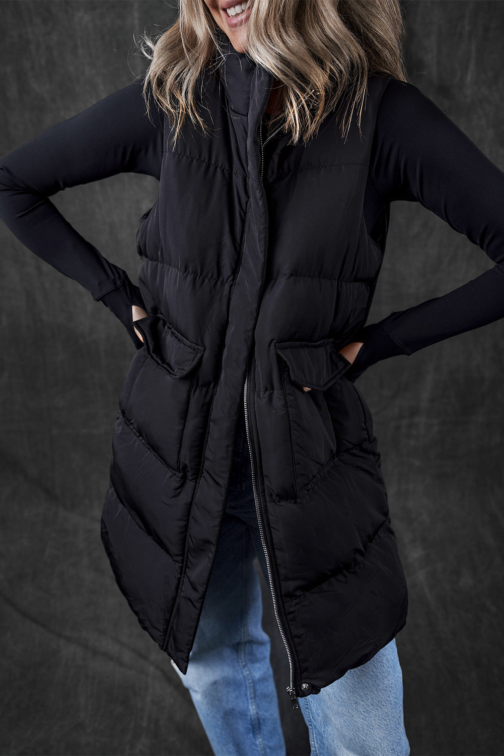 Windproof Longline Full Zipper Puffer Vest with Pockets