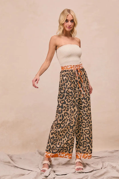 Leopard Print With Contrast Banded Wide Pants
