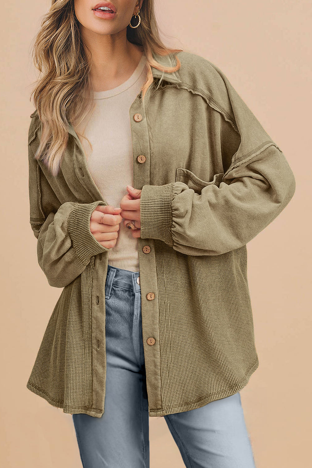 Waffle Knit Patchwork Buttoned Oversized Shacket