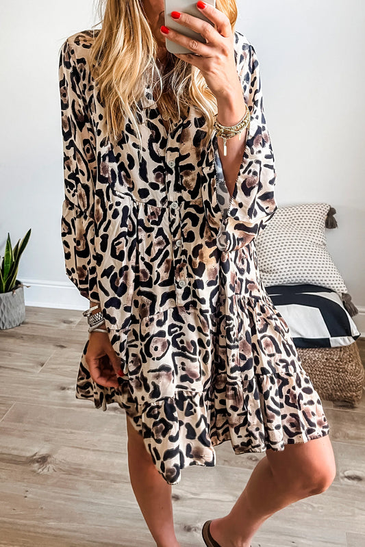 Black Leopard Print 3/4 Sleeve Tiered Ruffled Hem Dress