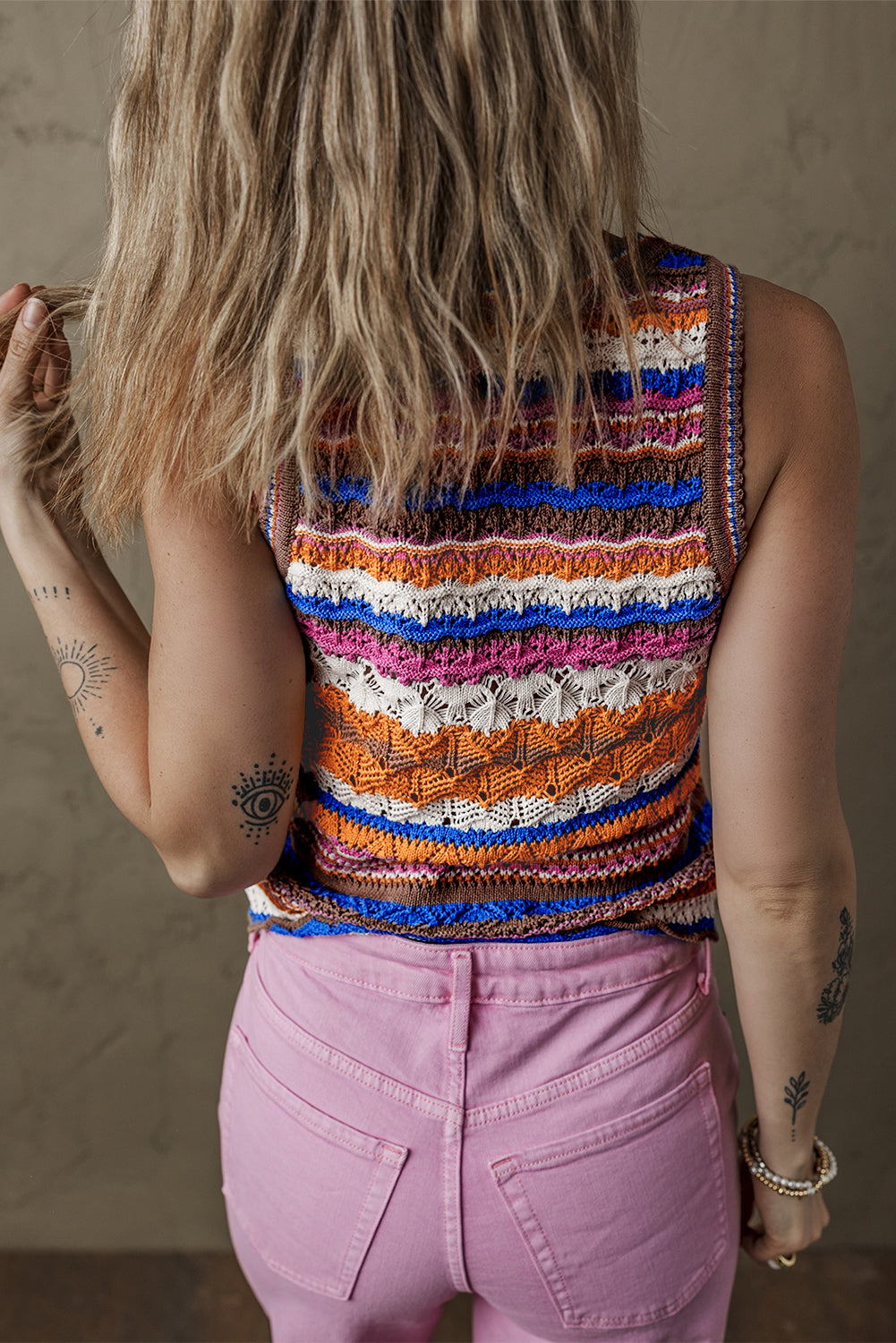 Dark Blue Striped Knit Sleeveless Sweater