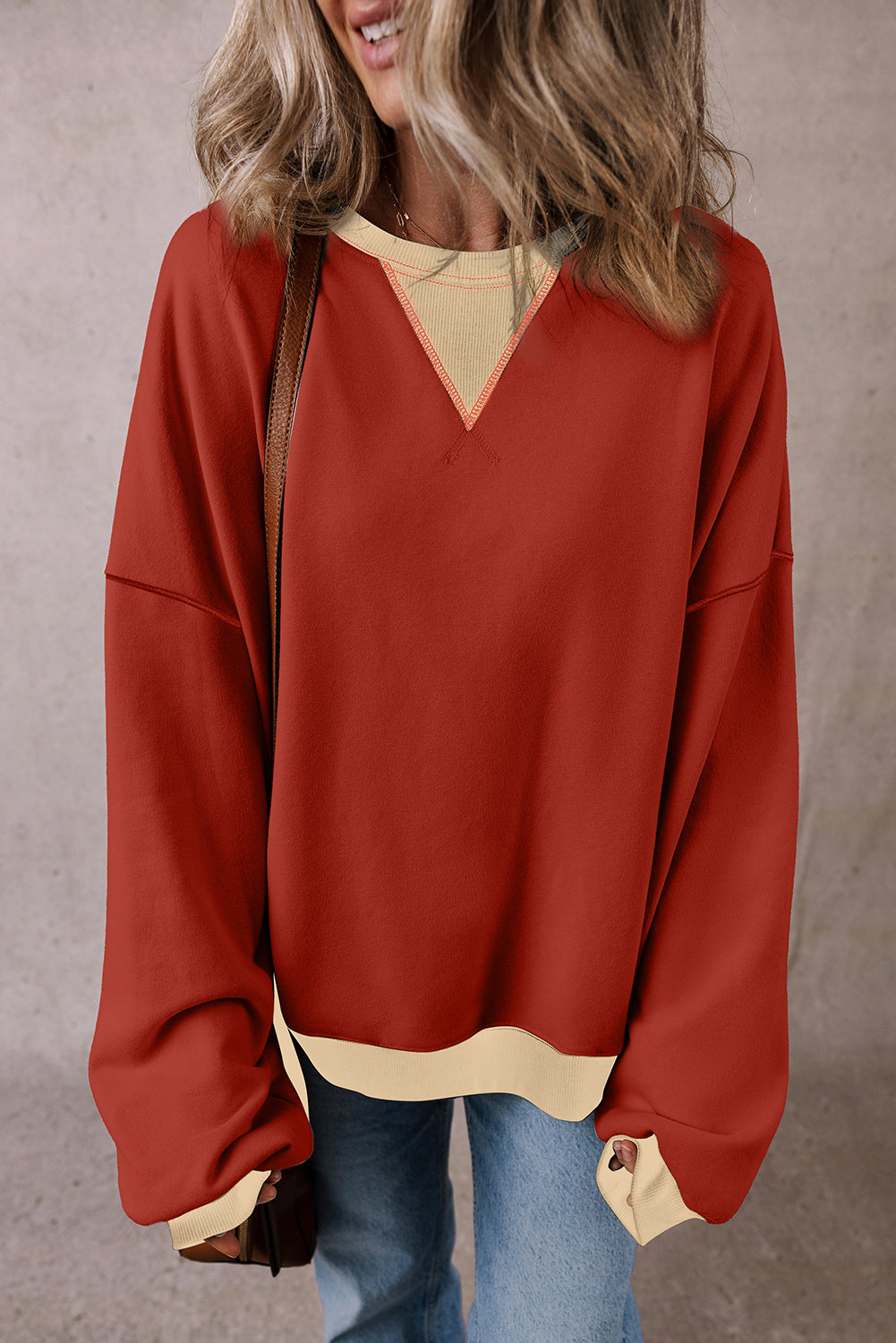 Oversized Sweatshirt Color Block Patch Drop Shoulder