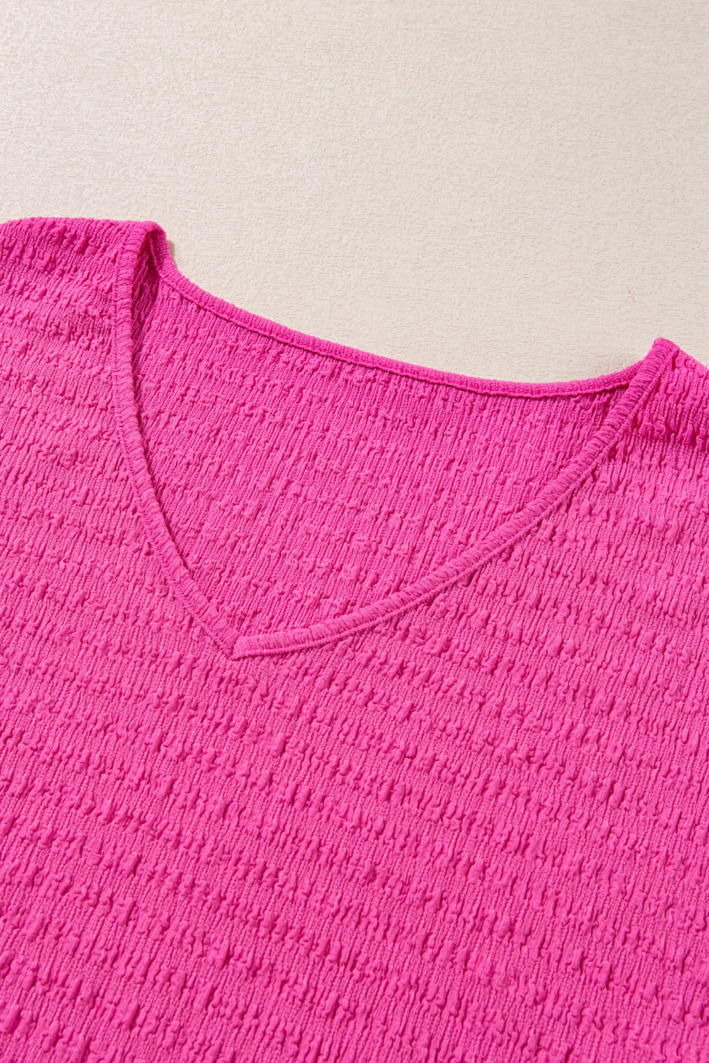 Bright Pink Textured Folded Sleeve V Neck T Shirt in CURVY SIZE ONLY