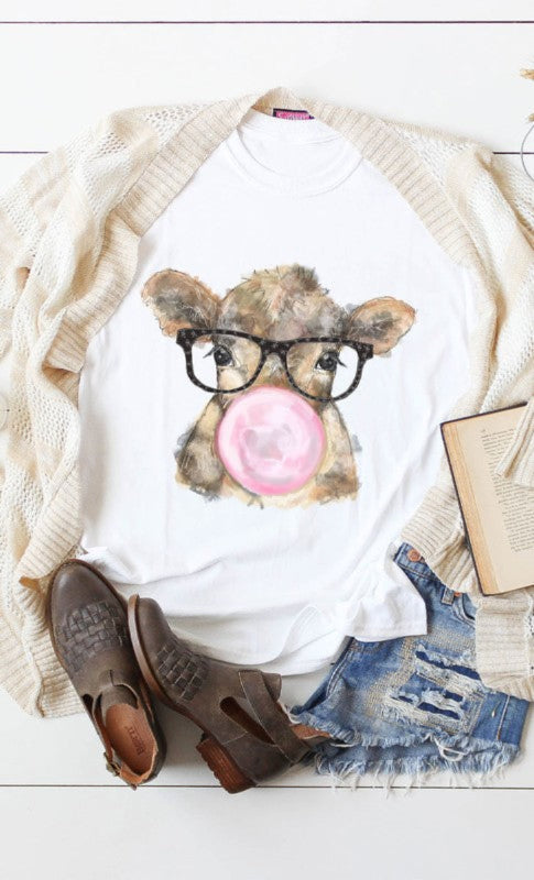 Bubble gum Cow with Glasses Graphic Soft Tee in CURZY SIZE ONLY