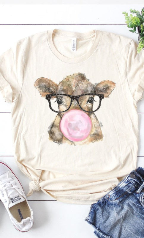 Bubble gum Cow with Glasses Graphic Soft Tee in CURZY SIZE ONLY