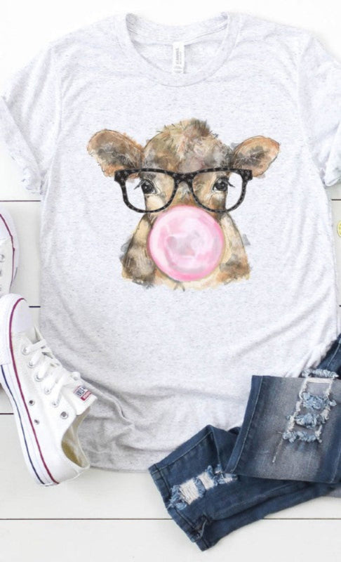 Bubble gum Cow with Glasses Graphic Soft Tee in CURZY SIZE ONLY