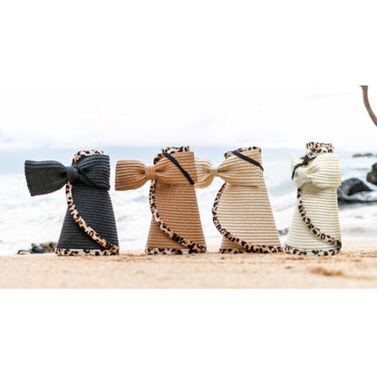 Straw Hat with Leopard Trim Foldable Bow Visors