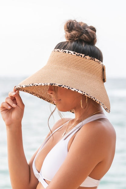 Straw Hat with Leopard Trim Foldable Bow Visors
