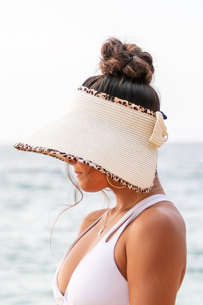 Straw Hat with Leopard Trim Foldable Bow Visors