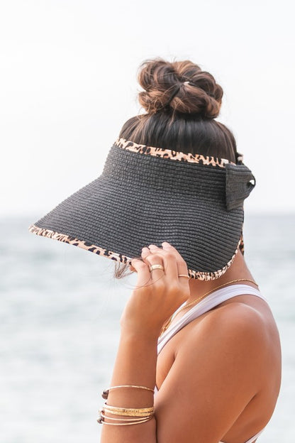 Straw Hat with Leopard Trim Foldable Bow Visors