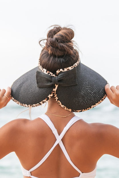 Straw Hat with Leopard Trim Foldable Bow Visors