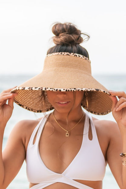 Straw Hat with Leopard Trim Foldable Bow Visors