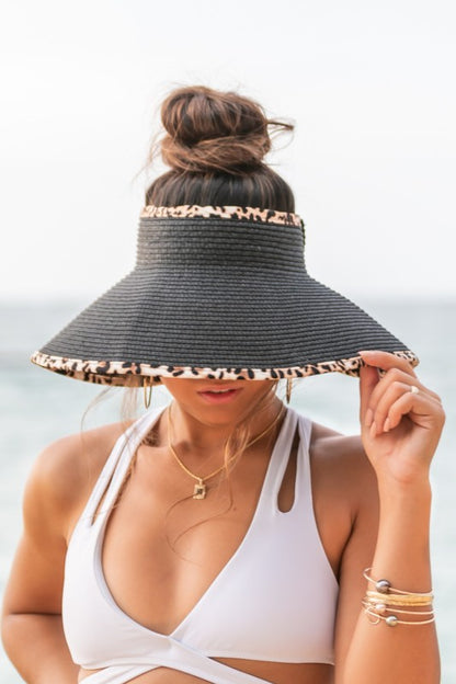 Straw Hat with Leopard Trim Foldable Bow Visors