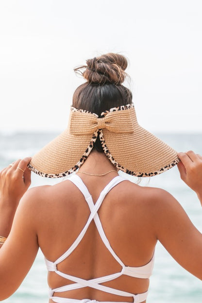 Straw Hat with Leopard Trim Foldable Bow Visors