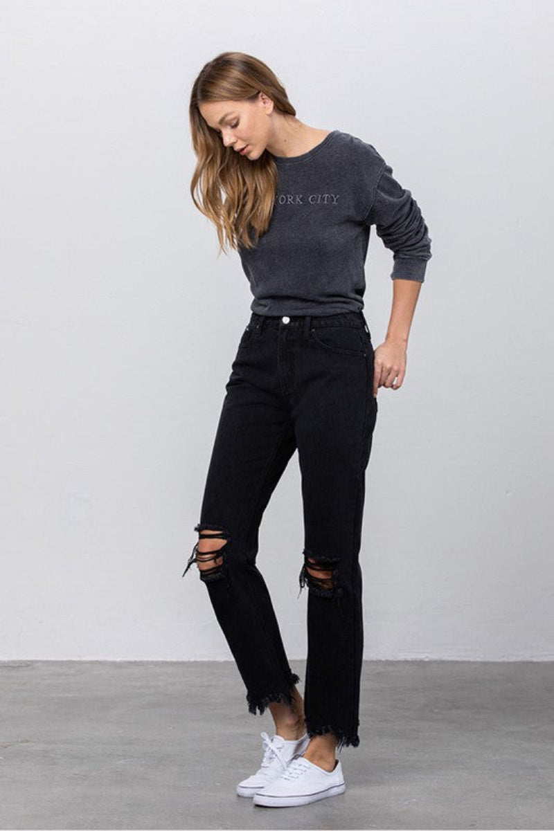 Black Destroyed Straight Jeans