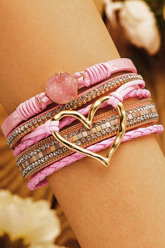 Bohemian Heart Rhinestone Magnetic Buckle Bracelet in pink