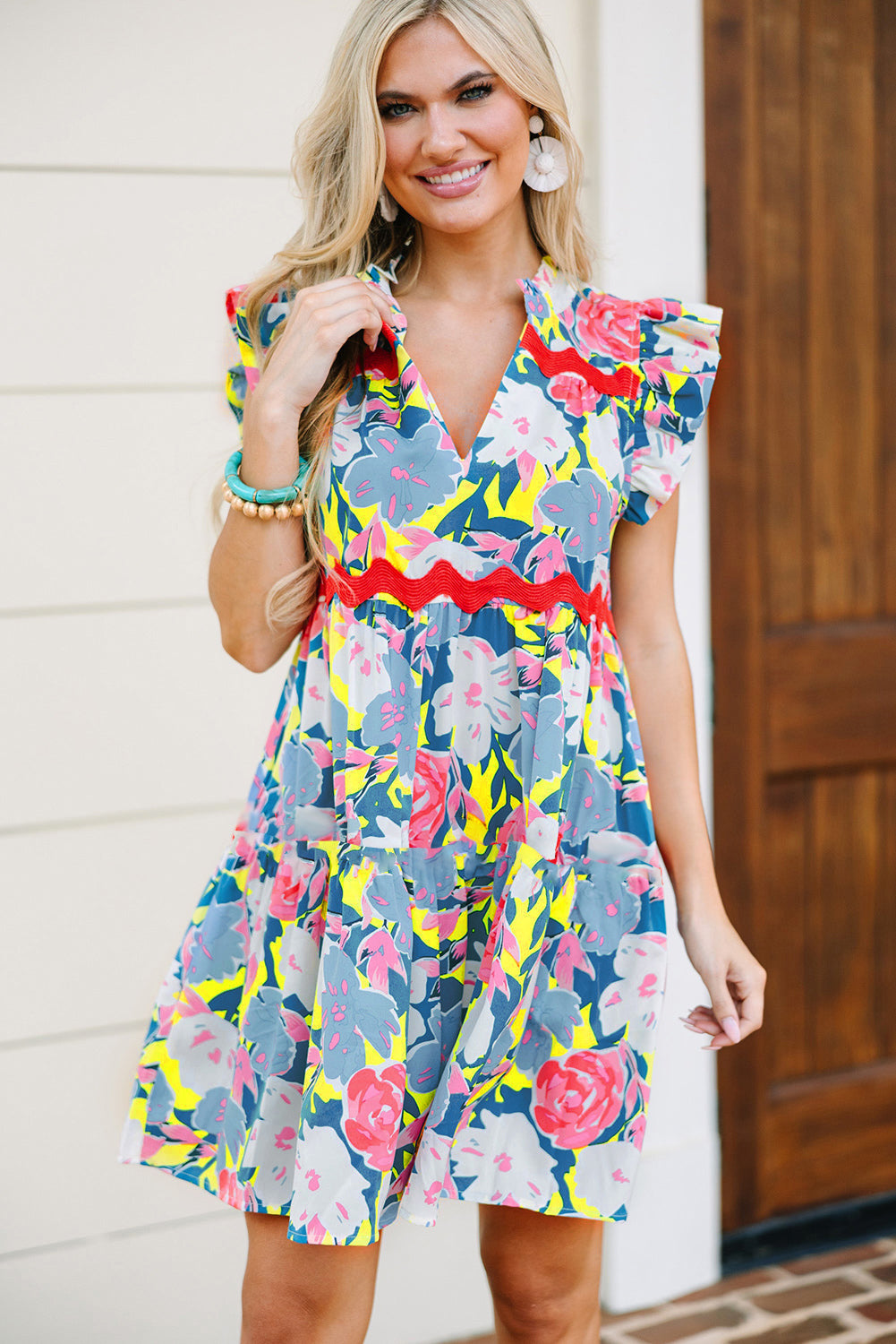 Floral Printed V Notched Ric Rac Flutter Sleeve Dress