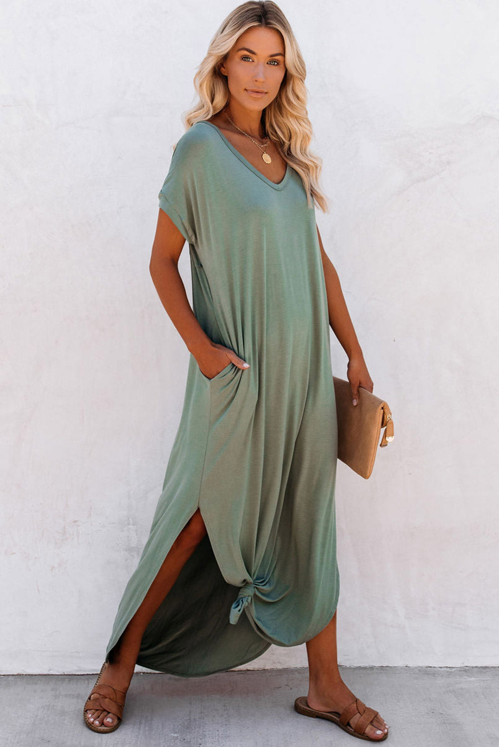 V Neck Maxi Dress with  Hidden Pockets