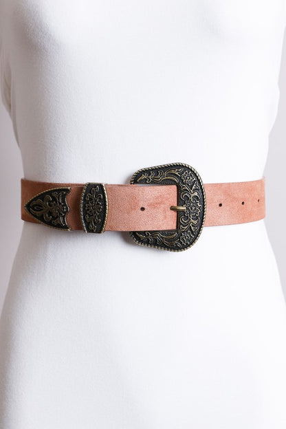 Pink belt with ornate black buckle on a white background