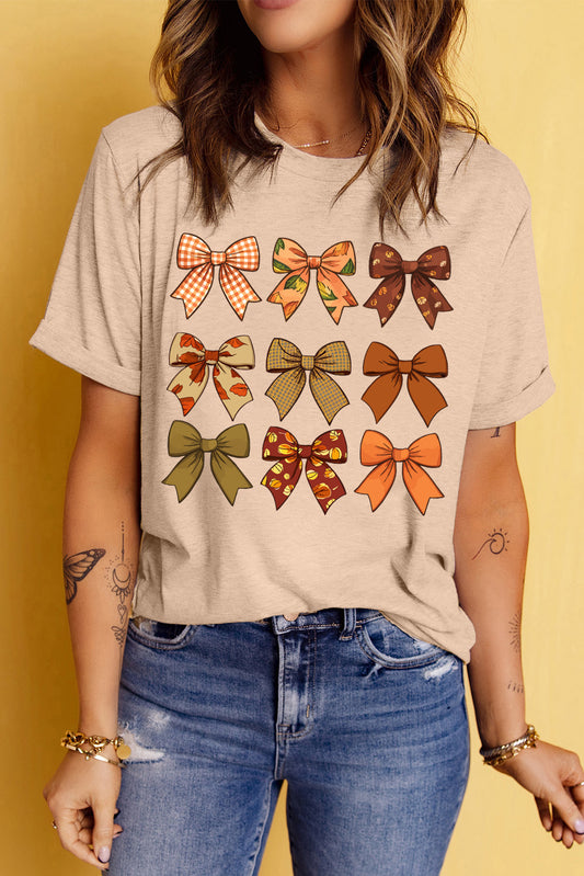 Khaki Fall Bowknot Graphic Short Sleeve Top