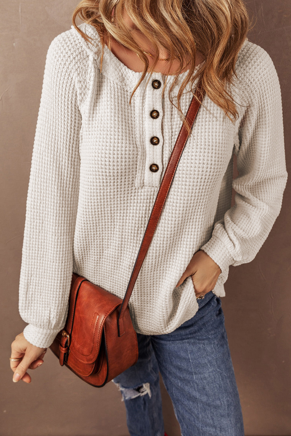 Oatmeal Waffle Knit Buttoned Front Raglan Sleeve Loose Sweater