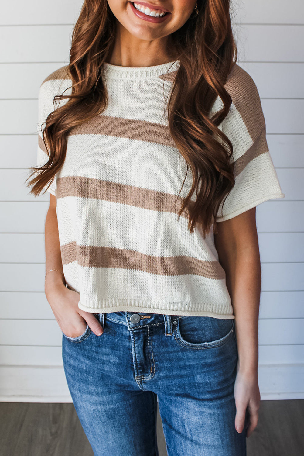 Stripe Short Sleeve Lightweight Knitted Sweater