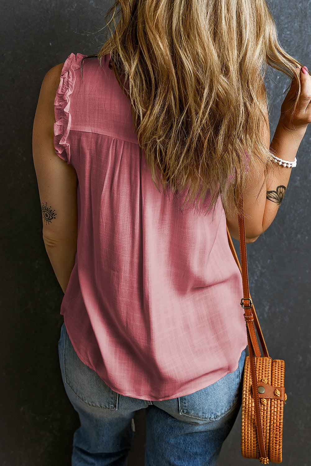 Button Split Neck Ruffled Trim Tank Top