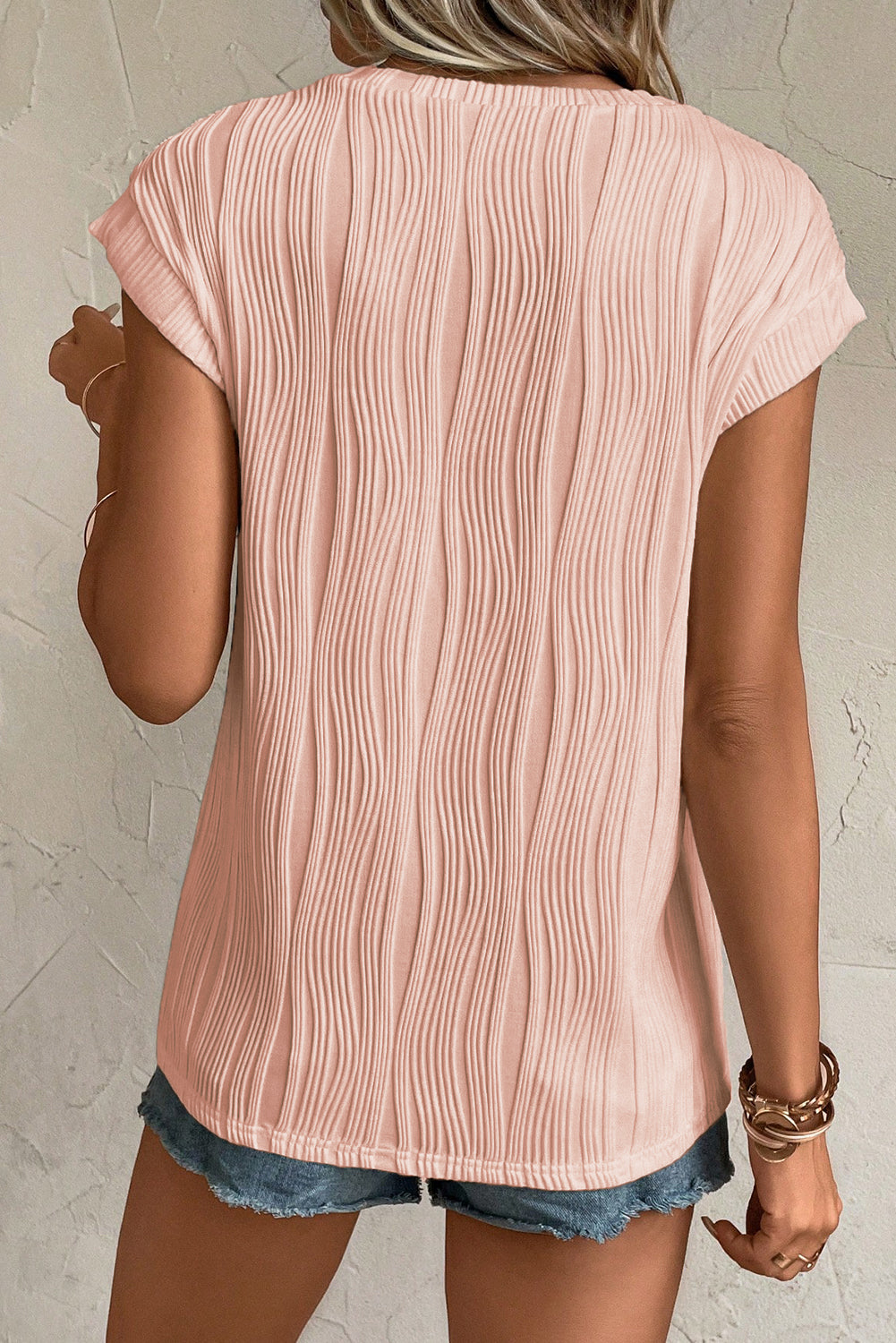 Wavy Texture Cap Sleeve Top in Pink