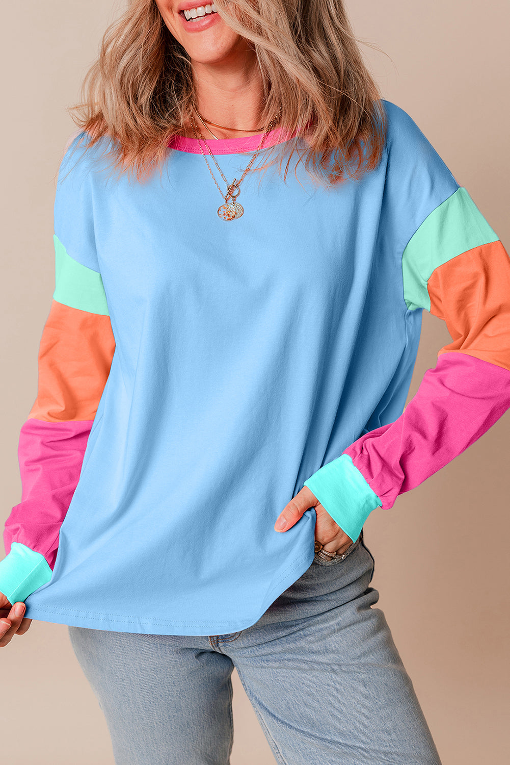 Color Block Patchwork Long Sleeve Loose Top