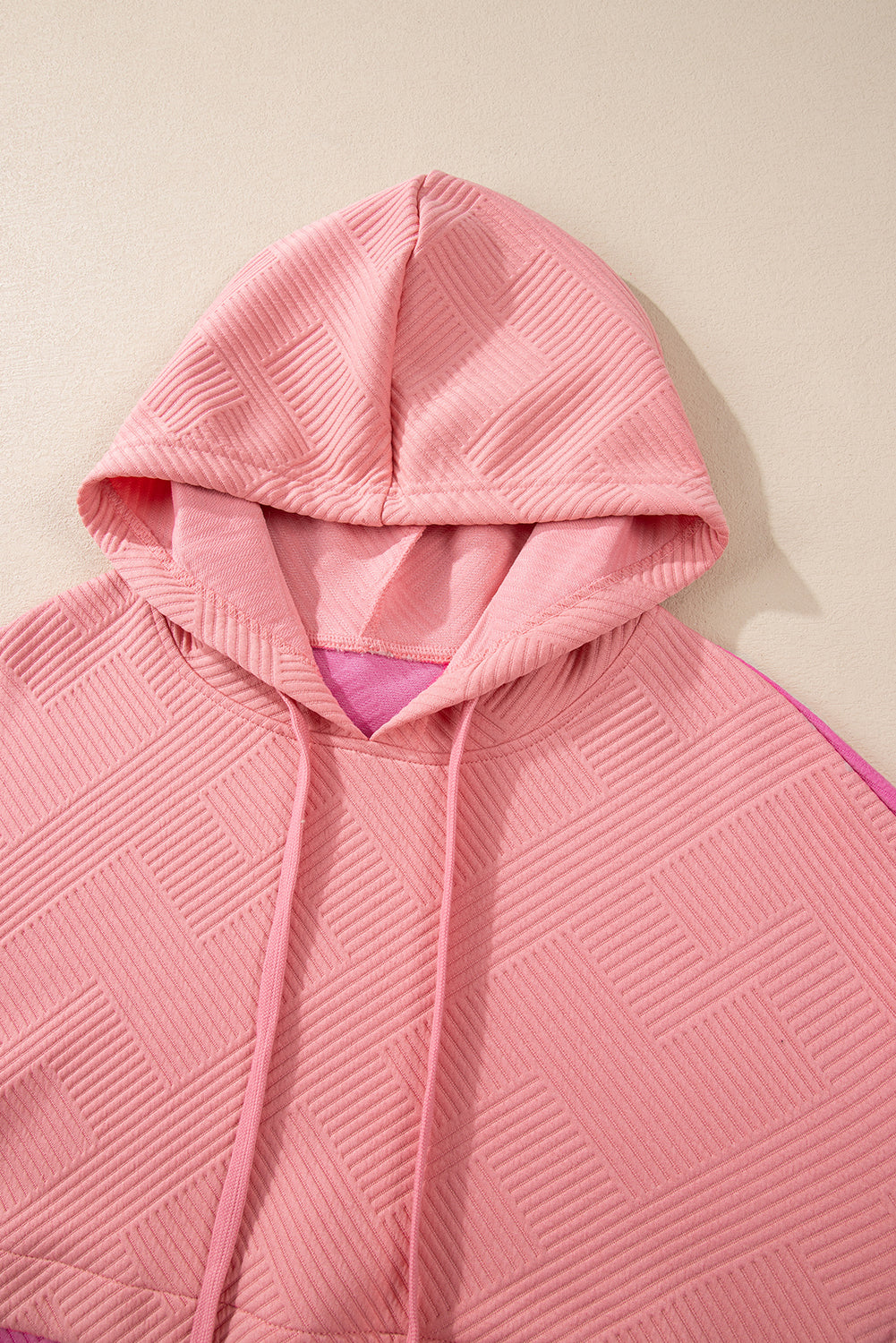 Textured Color Block Kangaroo Pocket Drop Shoulder Hoodie