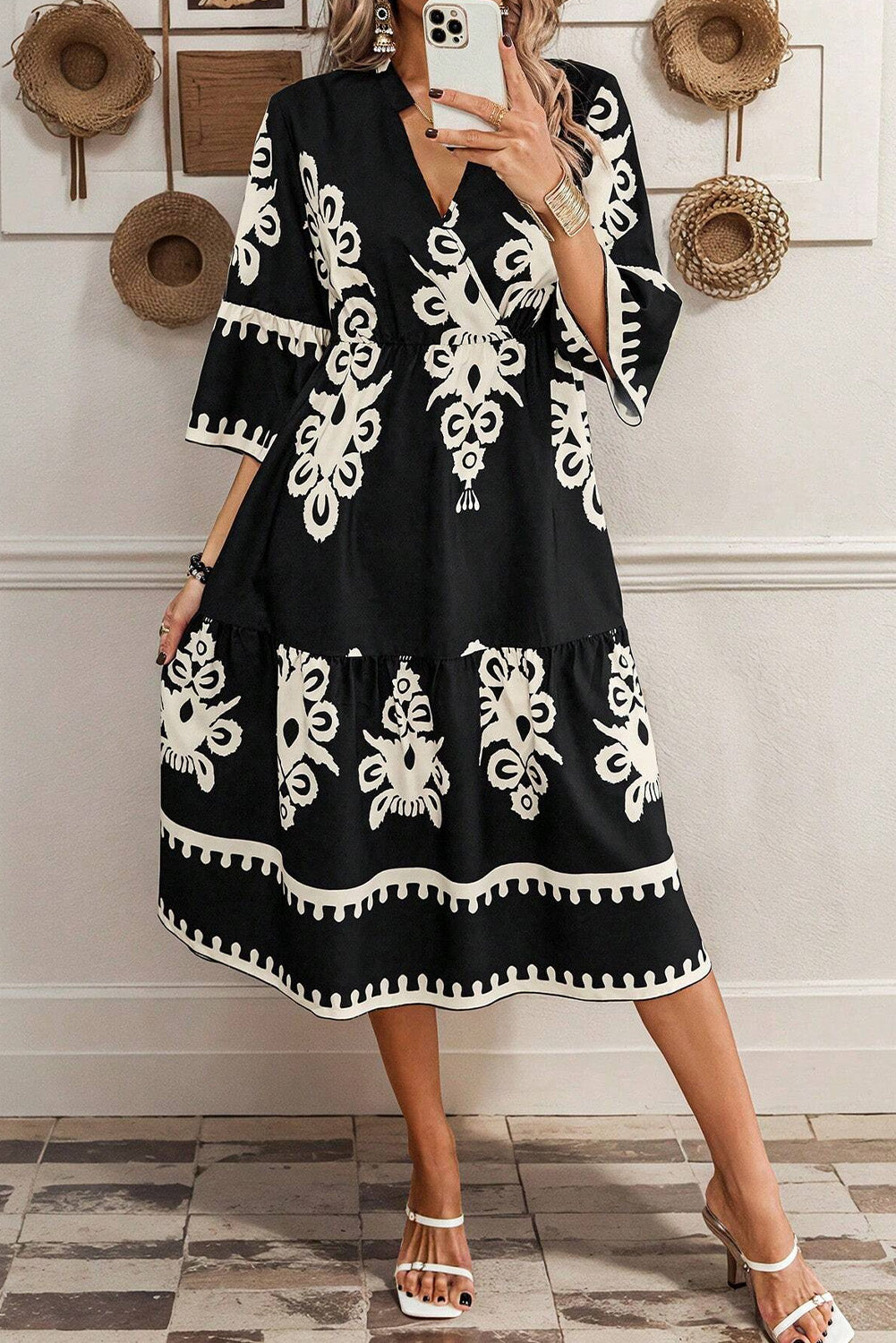 Western Geometric Print 3/4 Sleeve Loose Midi Dress