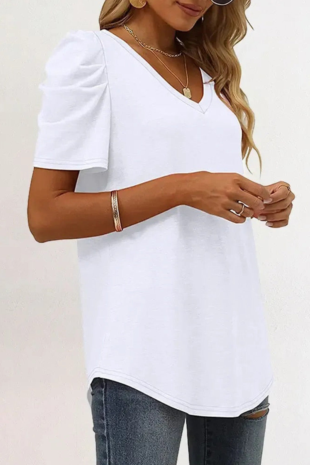 Fiona Puff Sleeve V-Neck T-Shirt in White