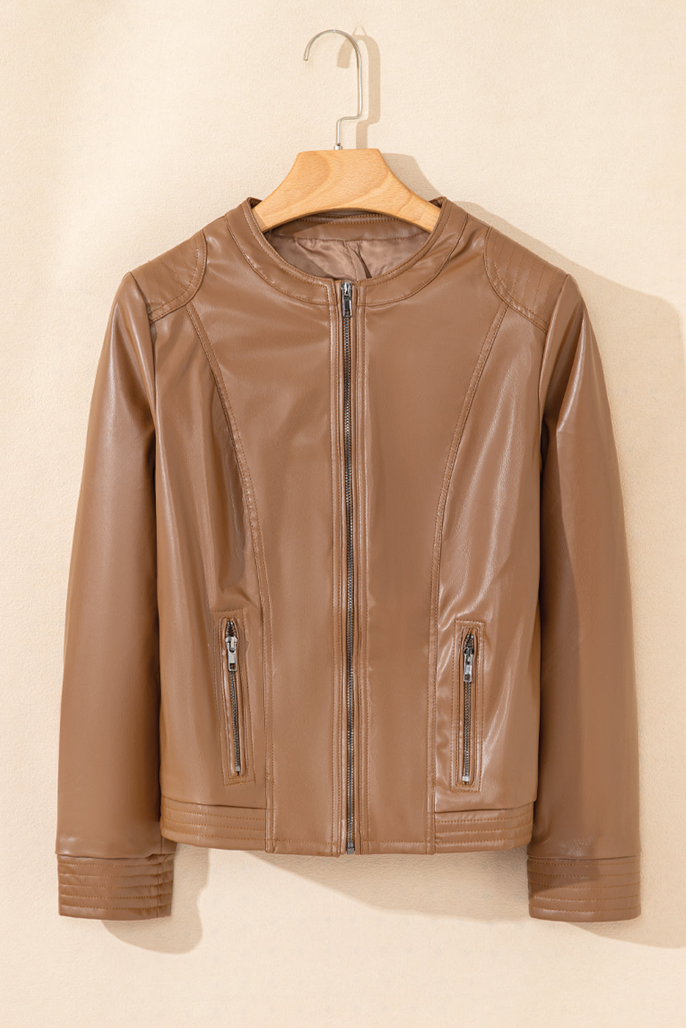 Solid Faux Leather Zipper Slim Fit Bomber Jacket