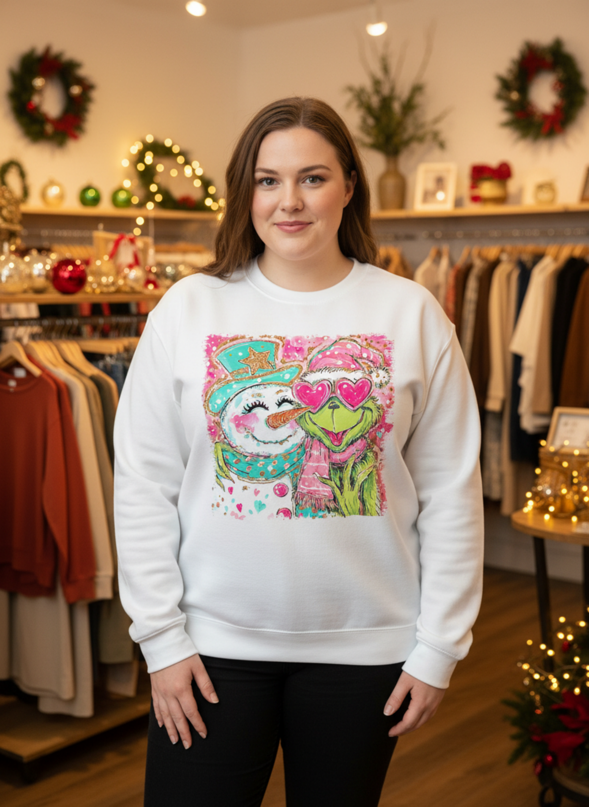 Woman wearing a white sweatshirt with a colorful graphic design in a clothing store.