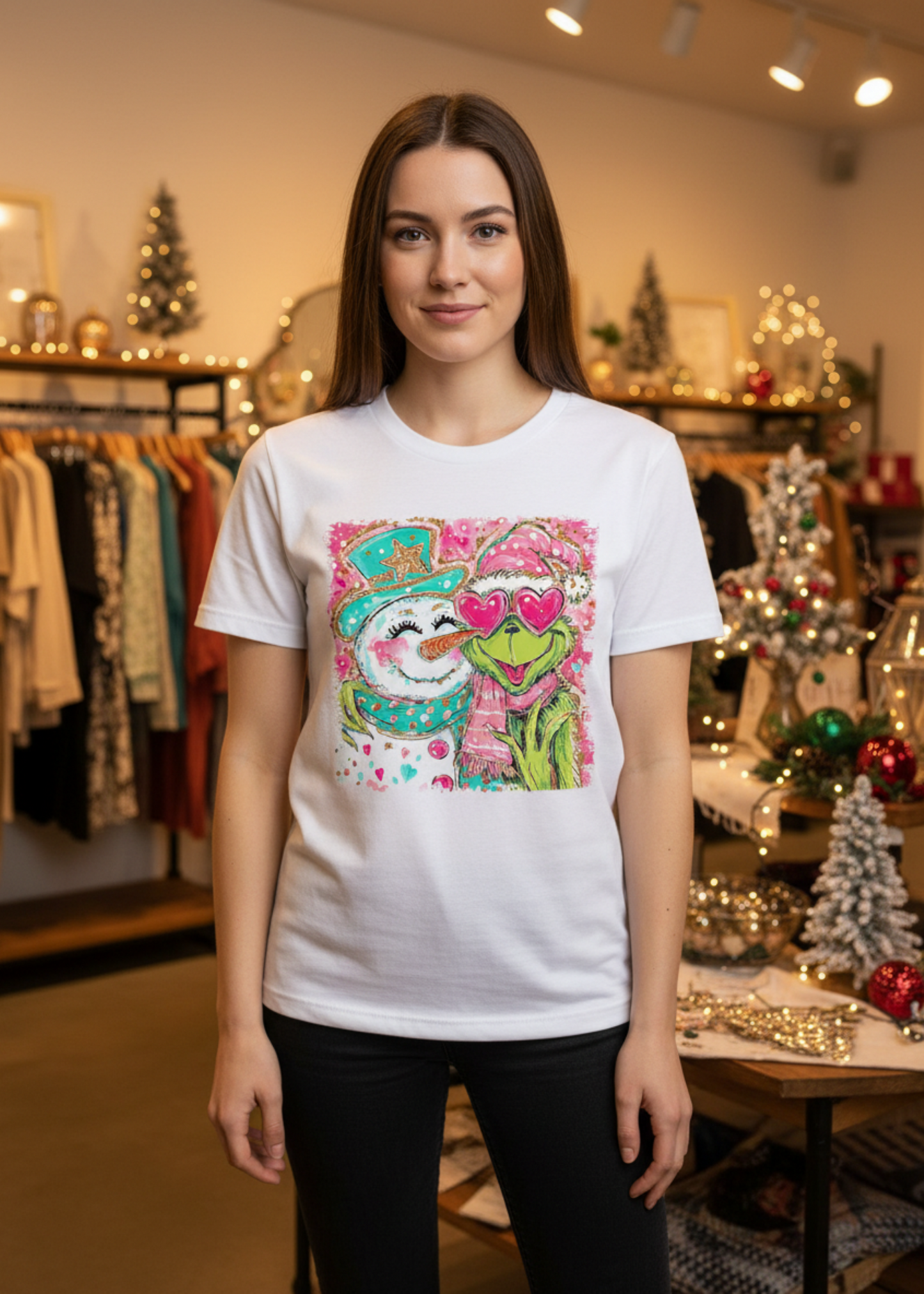 Woman wearing a white t-shirt with a colorful graphic design in a store setting.
