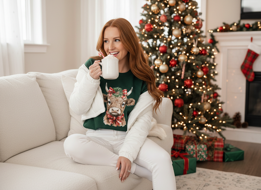 Woman sitting on a couch holding a mug in front of a Christmas tree with decorations.