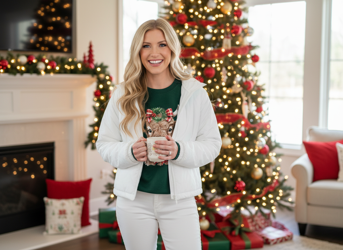 Woman holding a mug in a festively decorated room with Christmas trees and fireplace.