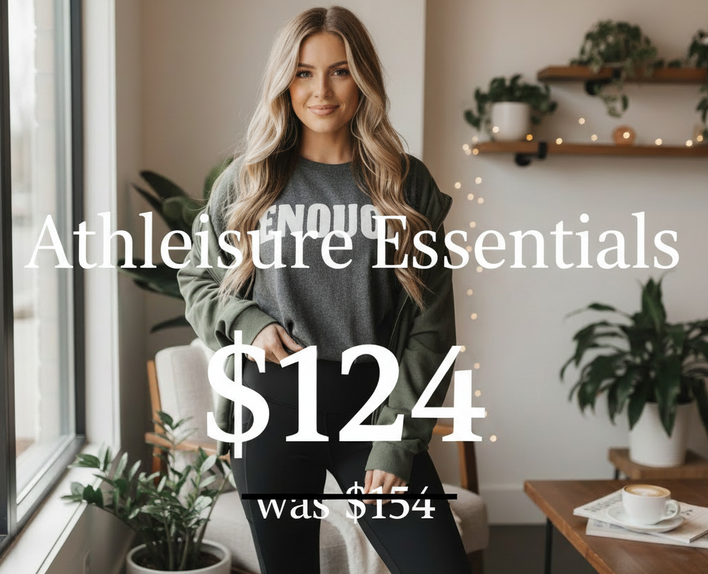 Woman wearing a sweatshirt with text in a home setting, promoting athletic wear.