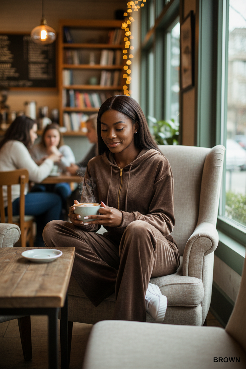 Brown Velvet Zip Up Hoodie and Pants Set