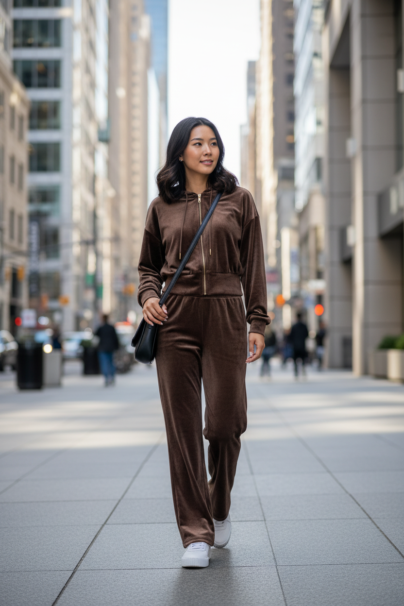 Brown Velvet Zip Up Hoodie and Pants Set