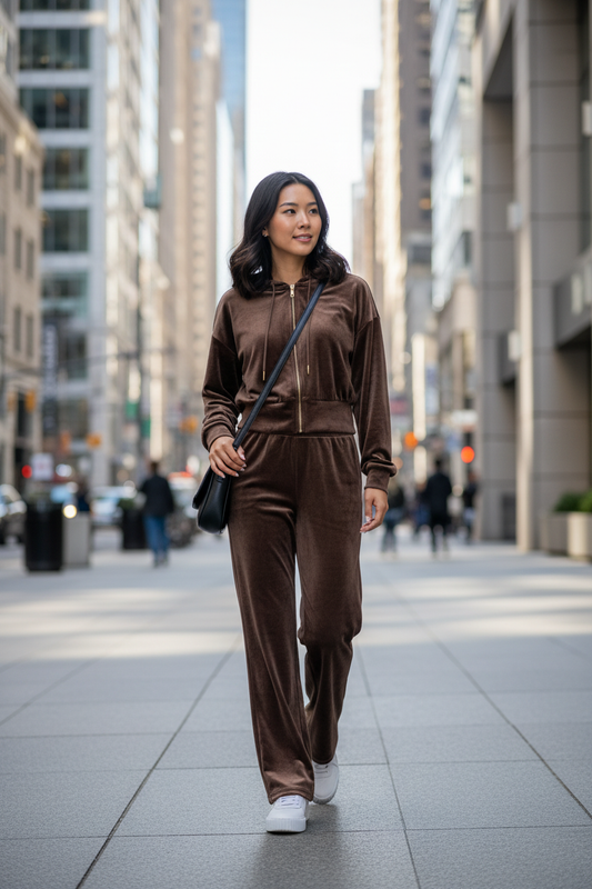 Brown Velvet Zip Up Hoodie and Pants Set