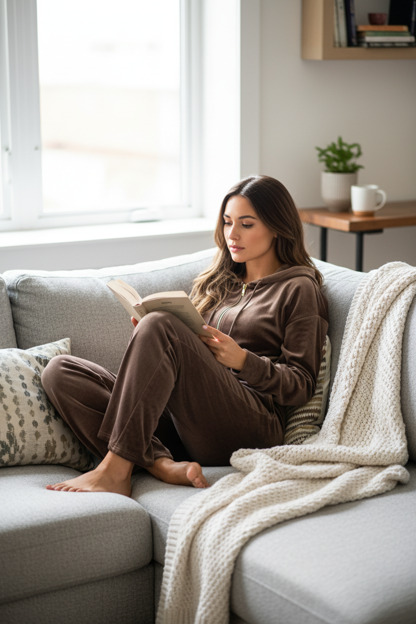 Brown Velvet Zip Up Hoodie and Pants Set