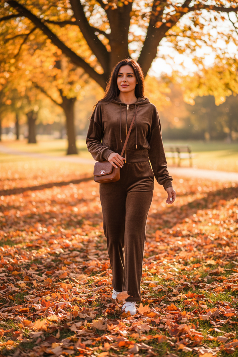 Brown Velvet Zip Up Hoodie and Pants Set