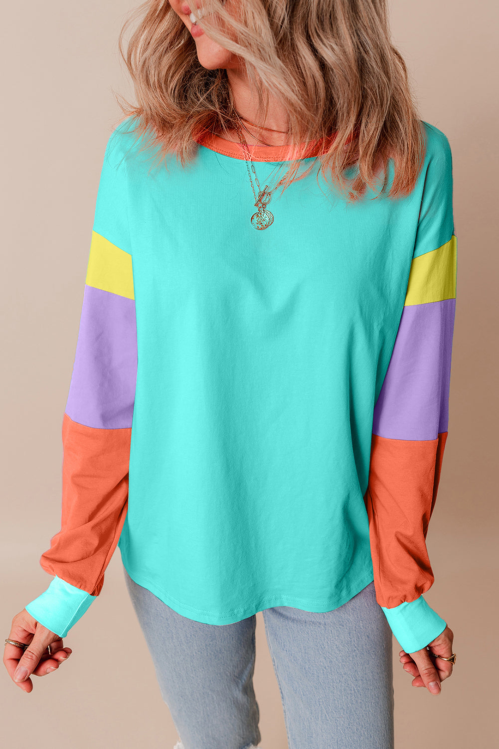 Color Block Patchwork Long Sleeve Loose Top