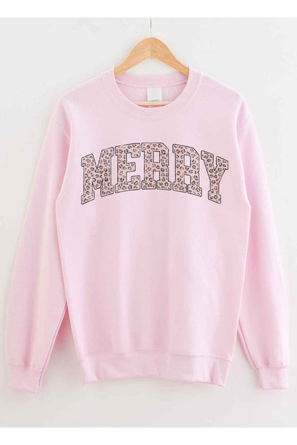 Pink sweatshirt with 'MERRY' in rhinestone letters on a white background