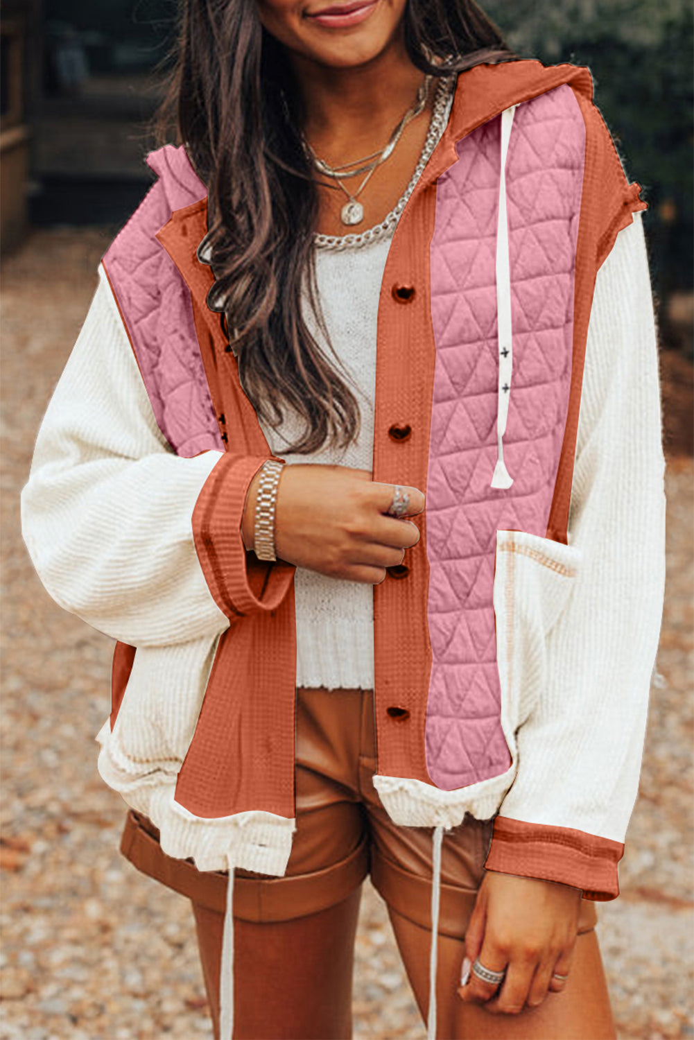 Quilted Textured Patchwork Loose Fit Hooded Jacket