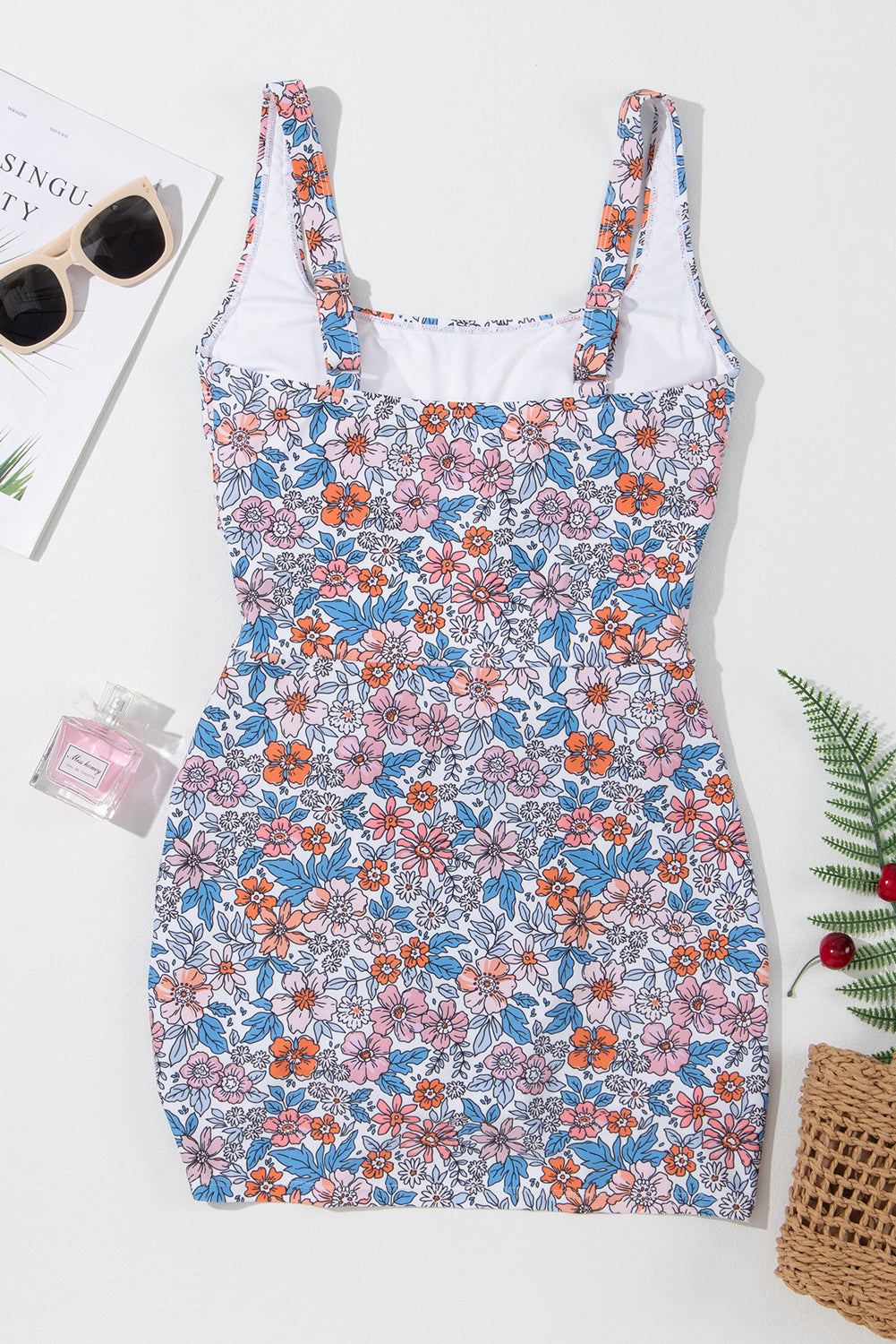 Drawstring Ruched Floral Swim Dress